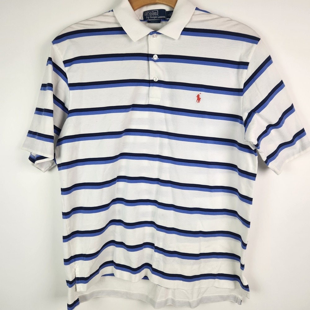 Polo Ralph Lauren Golf Fit  Polo Shirt Blue White Striped Cotton Casual Size L